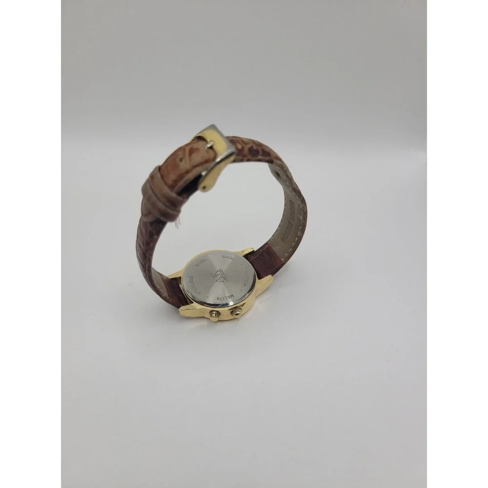 Vintage Anne Klein AK Instalite Quartz Watch Gold Tone‎ White Dial Brown Leather